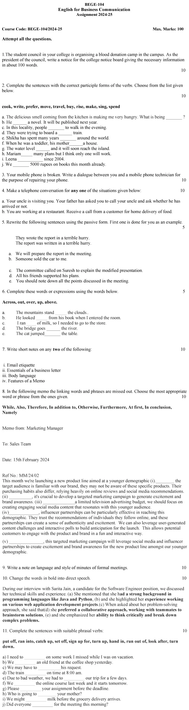 BEGE-104 - English for Business Communication-July 2024 - January 2025