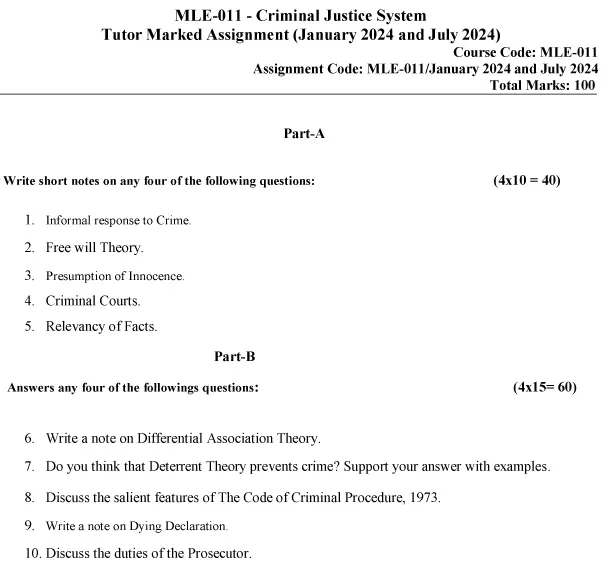 IGNOU MLE-11 - Criminal Justice System Latest Solved Assignment-January 2024 - July 2024