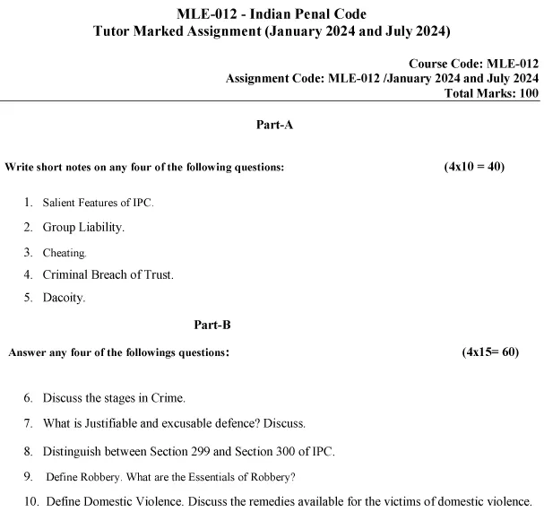 IGNOU MLE-12 - Indian Penal Code Latest Solved Assignment-January 2024 - July 2024