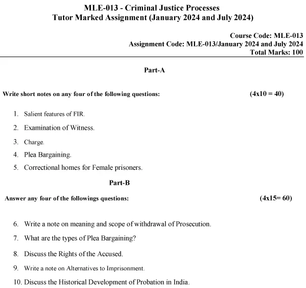 IGNOU MLE-13 - Criminal Justice Processes Latest Solved Assignment-January 2024 - July 2024