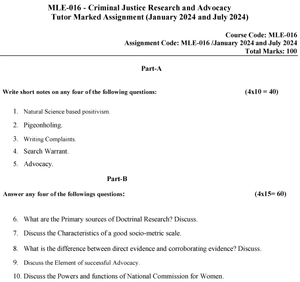 IGNOU MLE-16 - Criminal Justice Research and Advocacy Latest Solved Assignment-January 2024 - July 2024