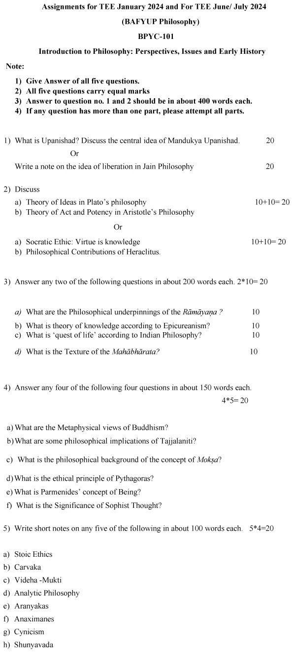 IGNOU BPYC-101 - Introduction to Philosophy: Perspectives, Issues and Early History Latest Solved Assignment-January 2024 - July 2024