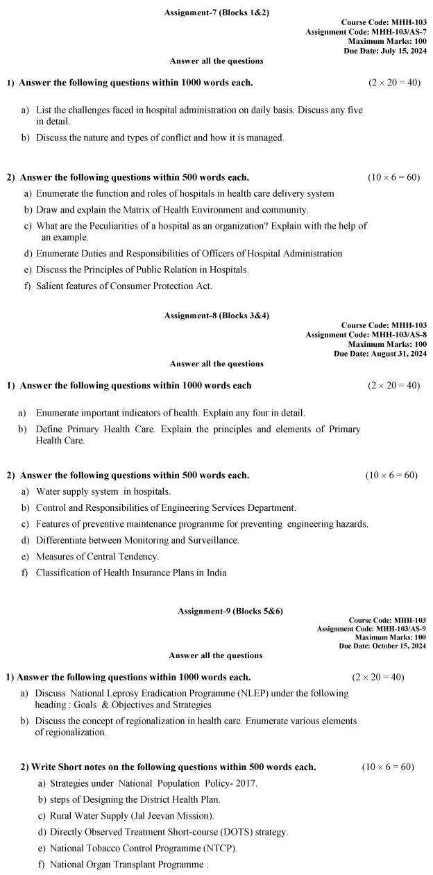 IGNOU MHH-103 - Organization and Management of Hospital and Health Services Latest Solved Assignment-January 2024 - July 2024