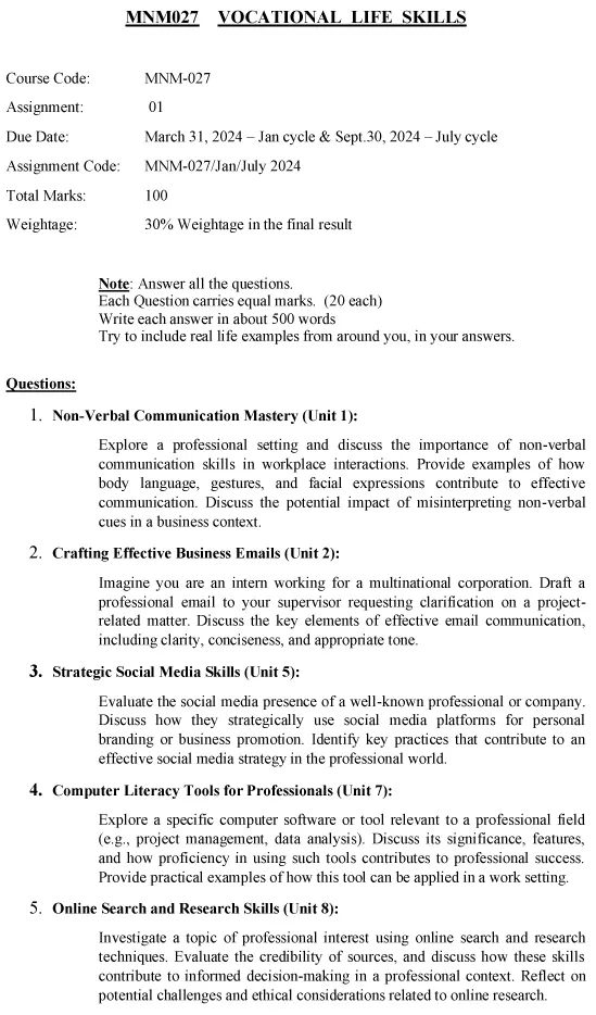 MNM-27 - Vocational Life Skills-January 2024 - July 2024