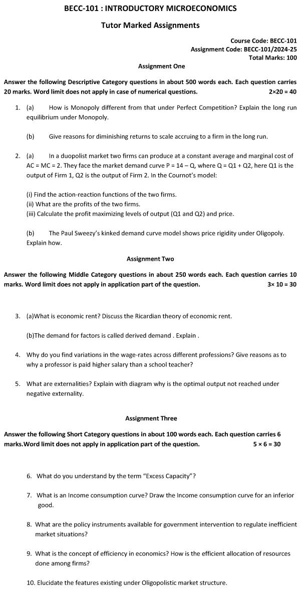 IGNOU BECC-101 - Introductory Microeconomics, Latest Solved Assignment-July 2024 - January 2025