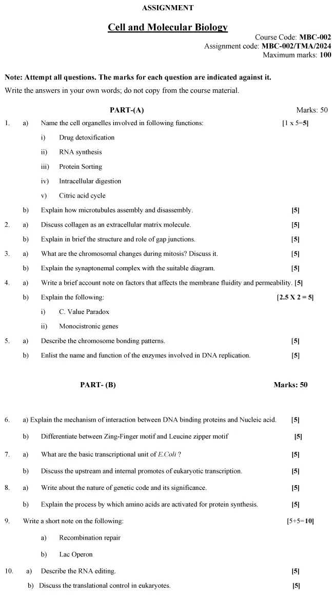 IGNOU MBC-02 - Cell and Molecular Biology (Core) Latest Solved Assignment-January 2024 - December 2024