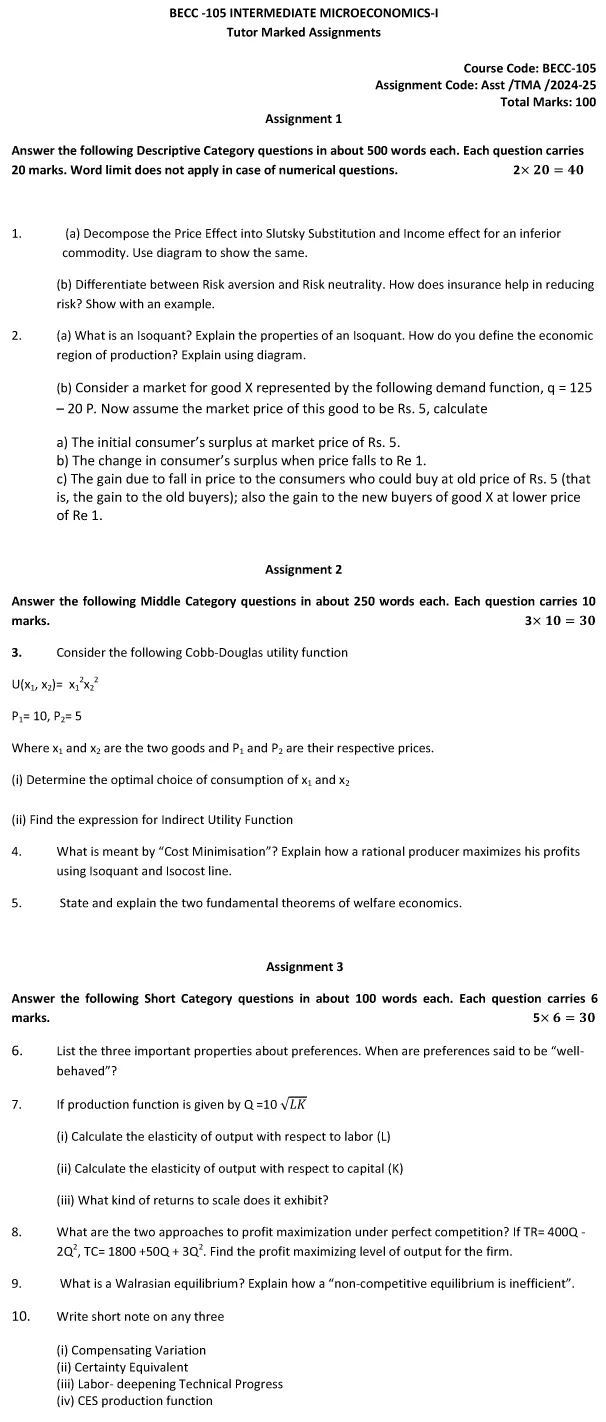 IGNOU BECC-105 - Intermediate Microeconomics I, Latest Solved Assignment-July 2024 - January 2025