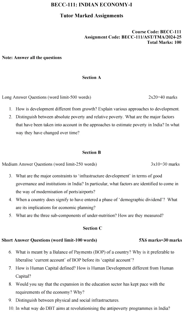 IGNOU BECC-111 - Indian Economy-I, Latest Solved Assignment-July 2024 - January 2025