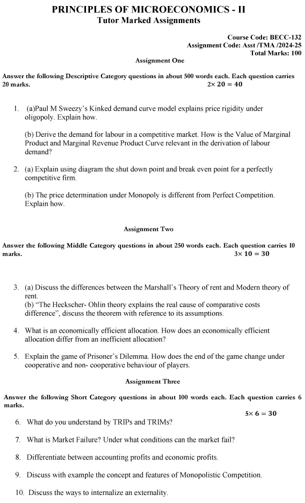 IGNOU BECC-132 - Principles of Microeconomics-II, Latest Solved Assignment-July 2024 - January 2025