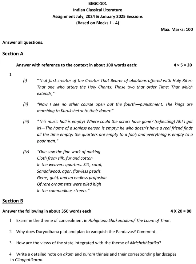 IGNOU BEGC-101 - Indian Classical Literature, Latest Solved Assignment-July 2024 - January 2025