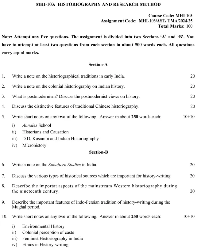 IGNOU MHI-103 - Historiography and Research Methods-July 2024 - January 2025