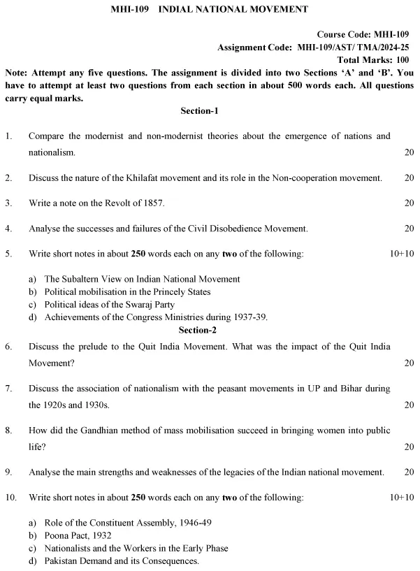 IGNOU MHI-109 - Indian National Movement-July 2024 - January 2025