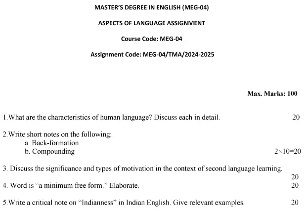 IGNOU MEG-04 - Aspects of Language-July 2024 - January 2025