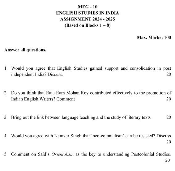 IGNOU MEG-10 - English Studies in India Latest Solved Assignment-July 2024 - January 2025