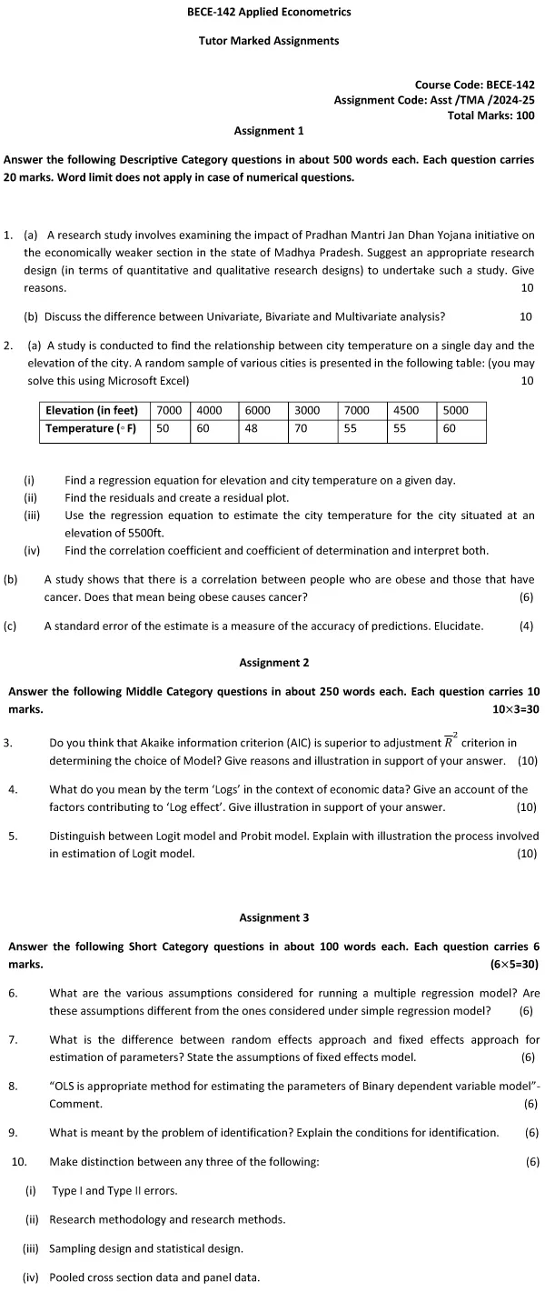 IGNOU BECE-142 - Applied Econometrics Latest Solved Assignment-July 2024 - January 2025