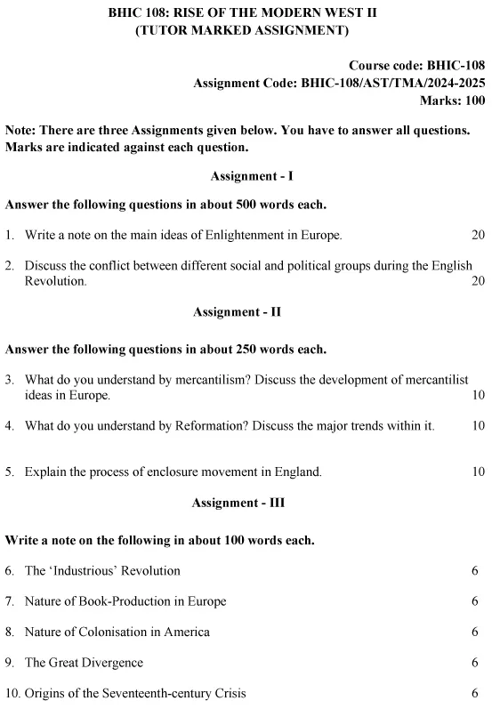 IGNOU BHIC-108 - Rise of the Modern West – II Latest Solved Assignment-July 2024 - January 2025