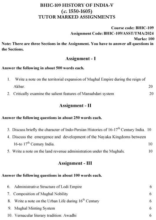 IGNOU BHIC-109 - History of India –V (c. 1550 – 1605) Latest Solved Assignment-July 2024 - January 2025