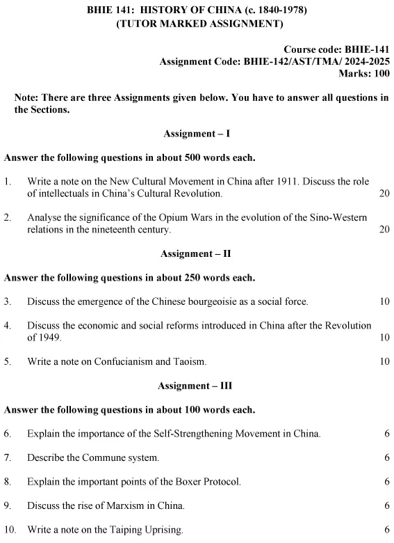 IGNOU BHIE-141 - History of China (C. 1840 – 1978), Latest Solved Assignment-July 2024 - January 2025