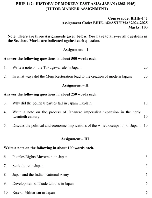 IGNOU BHIE-142 - History of Modern East Asia : Japan (1868-1945), Latest Solved Assignment-July 2024 - January 2025