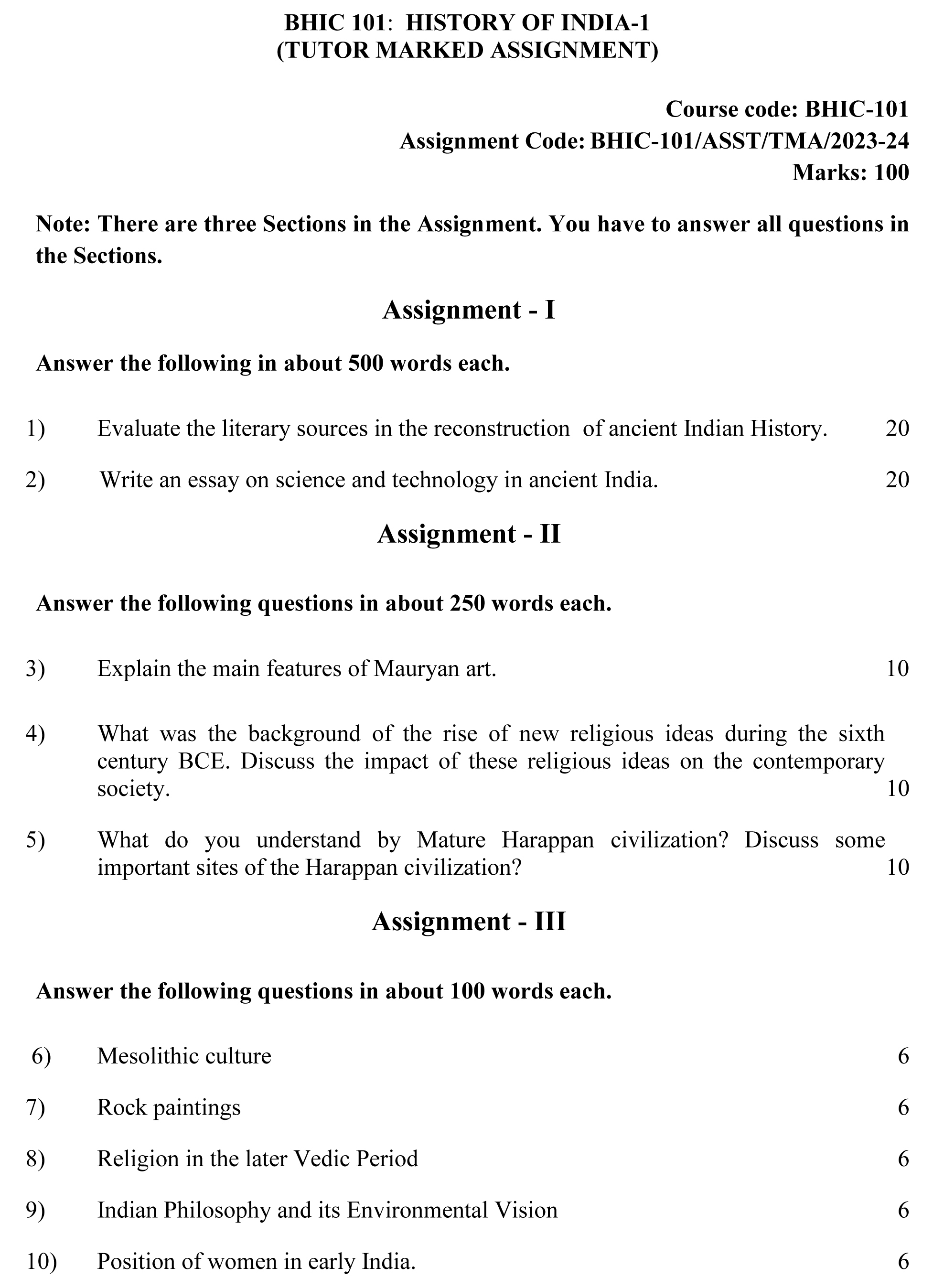 IGNOU BHIC-101 - History of India-I Latest Solved Assignment-July 2023 - January 2024