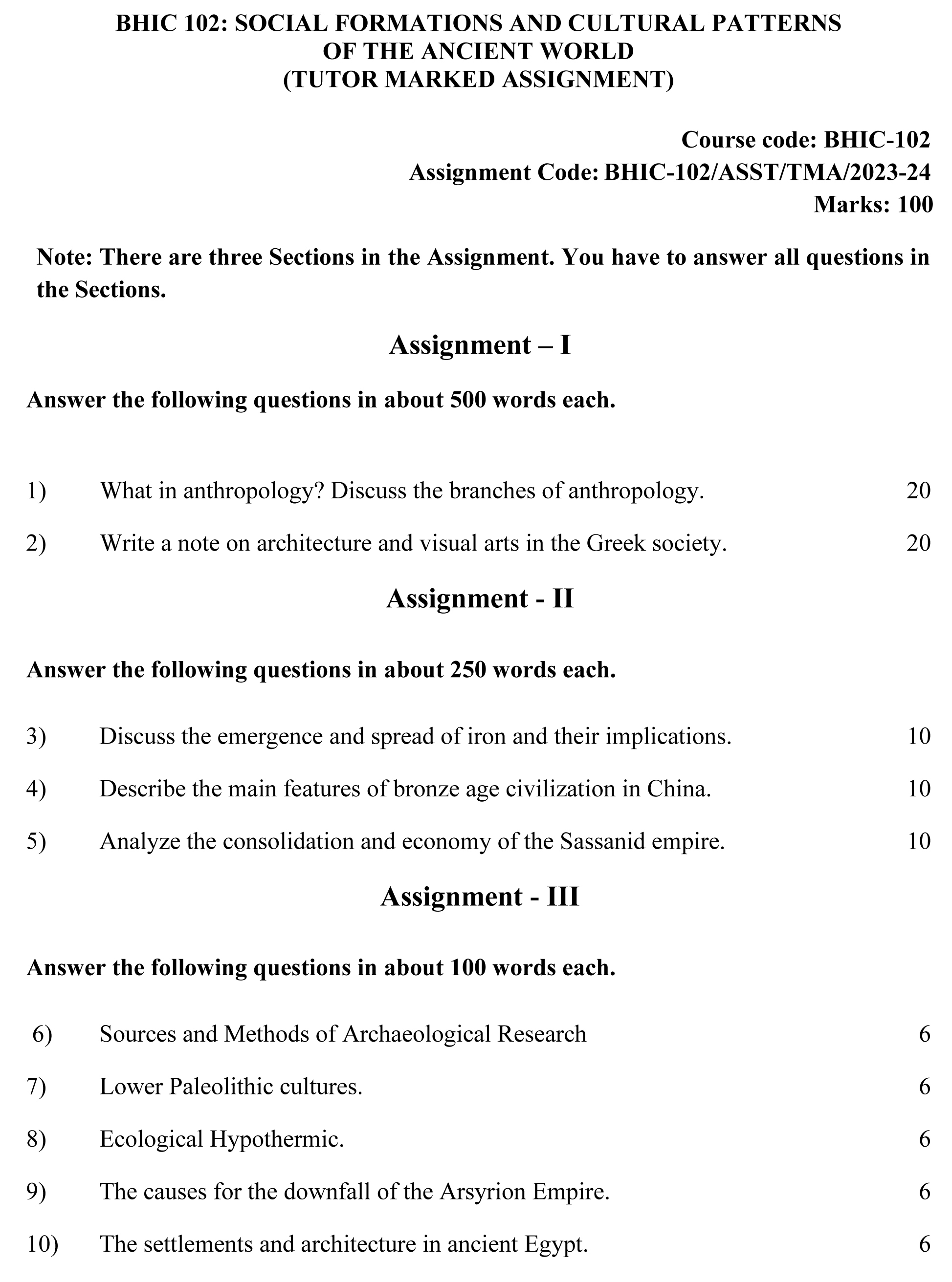 IGNOU BHIC-102 - Social Formations and Cultural Patterns of the Ancient World Latest Solved Assignment-July 2023 - January 2024