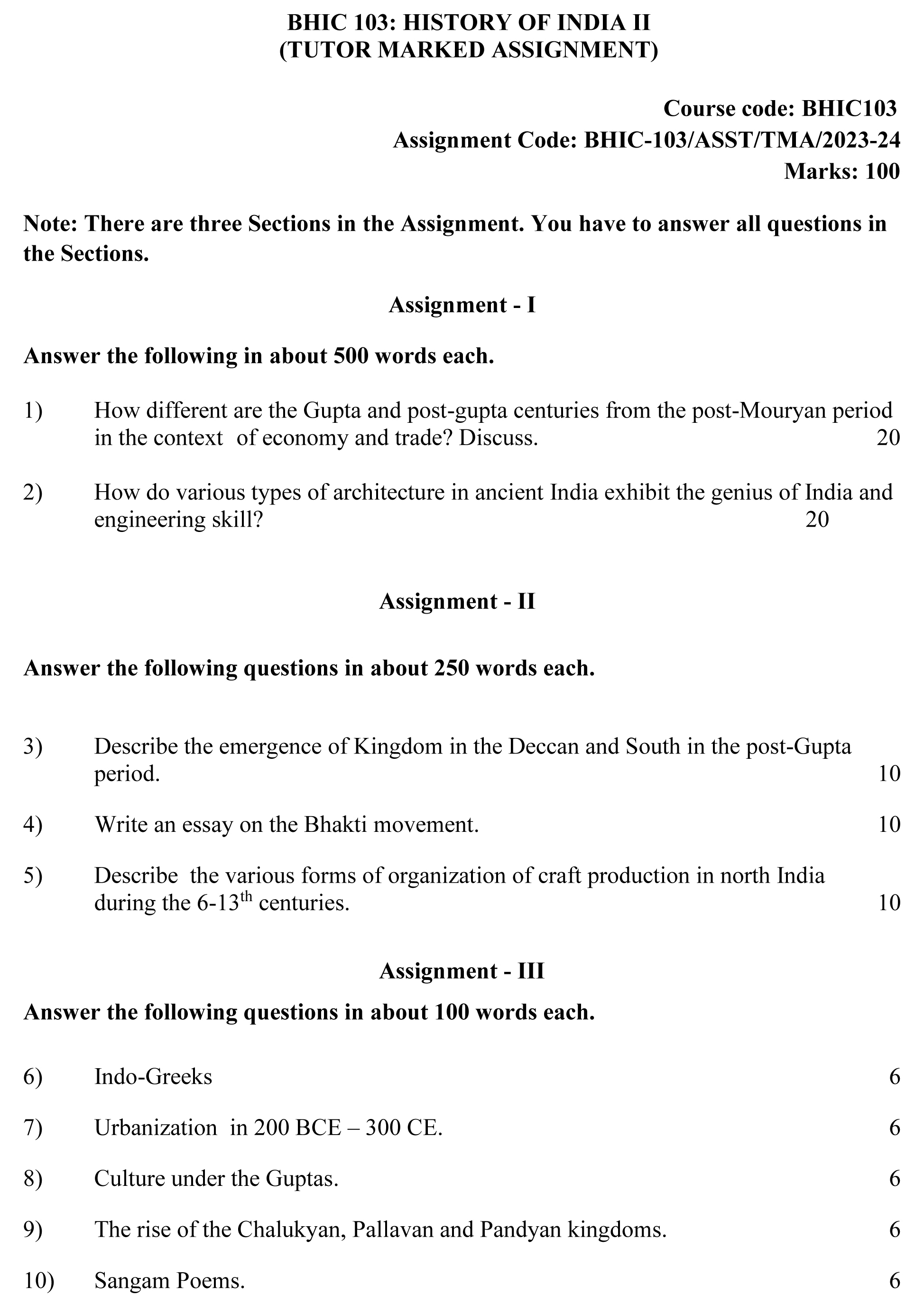 IGNOU BHIC-103 - History of India-II Latest Solved Assignment-July 2023 - January 2024