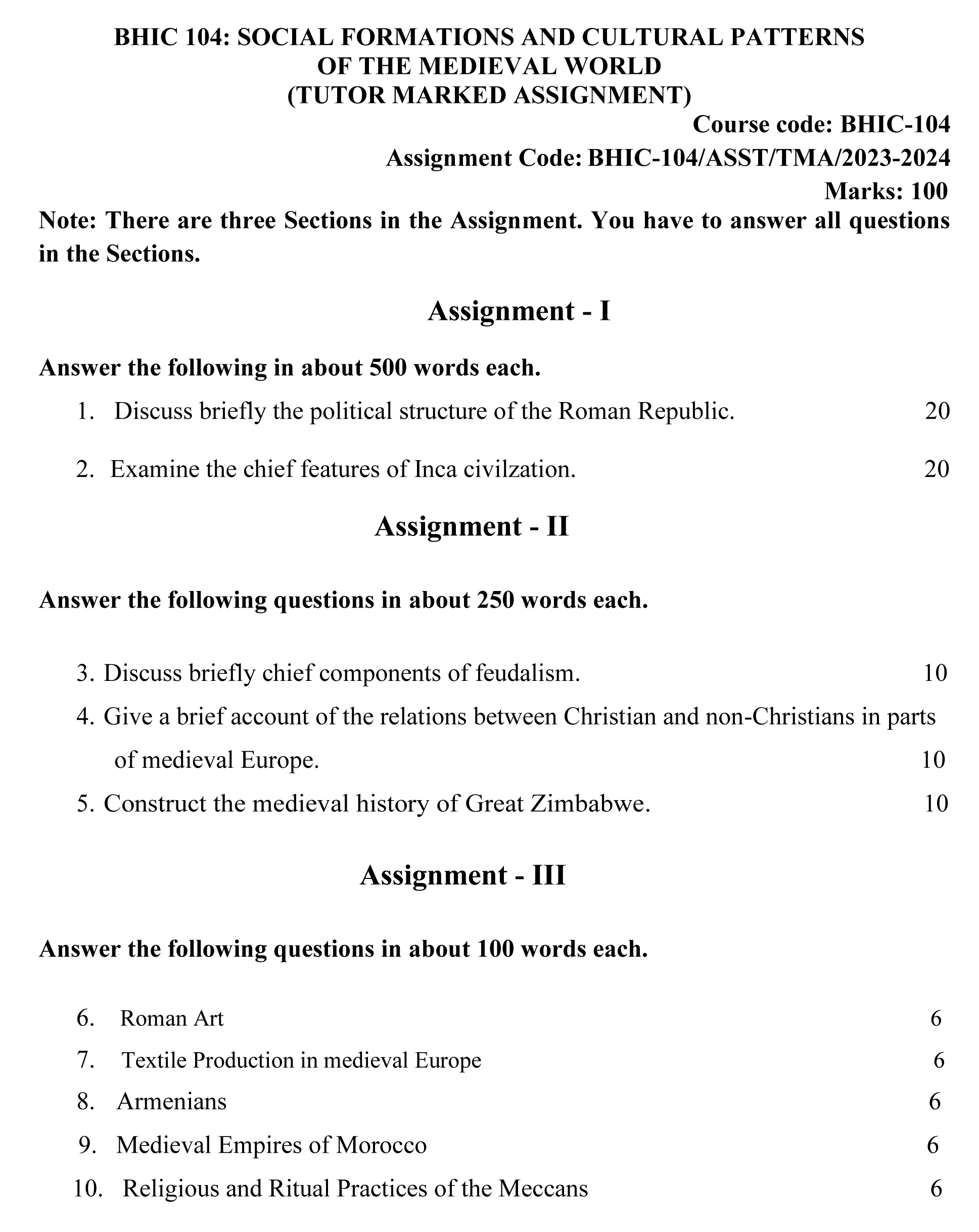 IGNOU BHIC-104 - Social Formations and Cultural Patterns of the Medieval World Latest Solved Assignment-July 2023 - January 2024