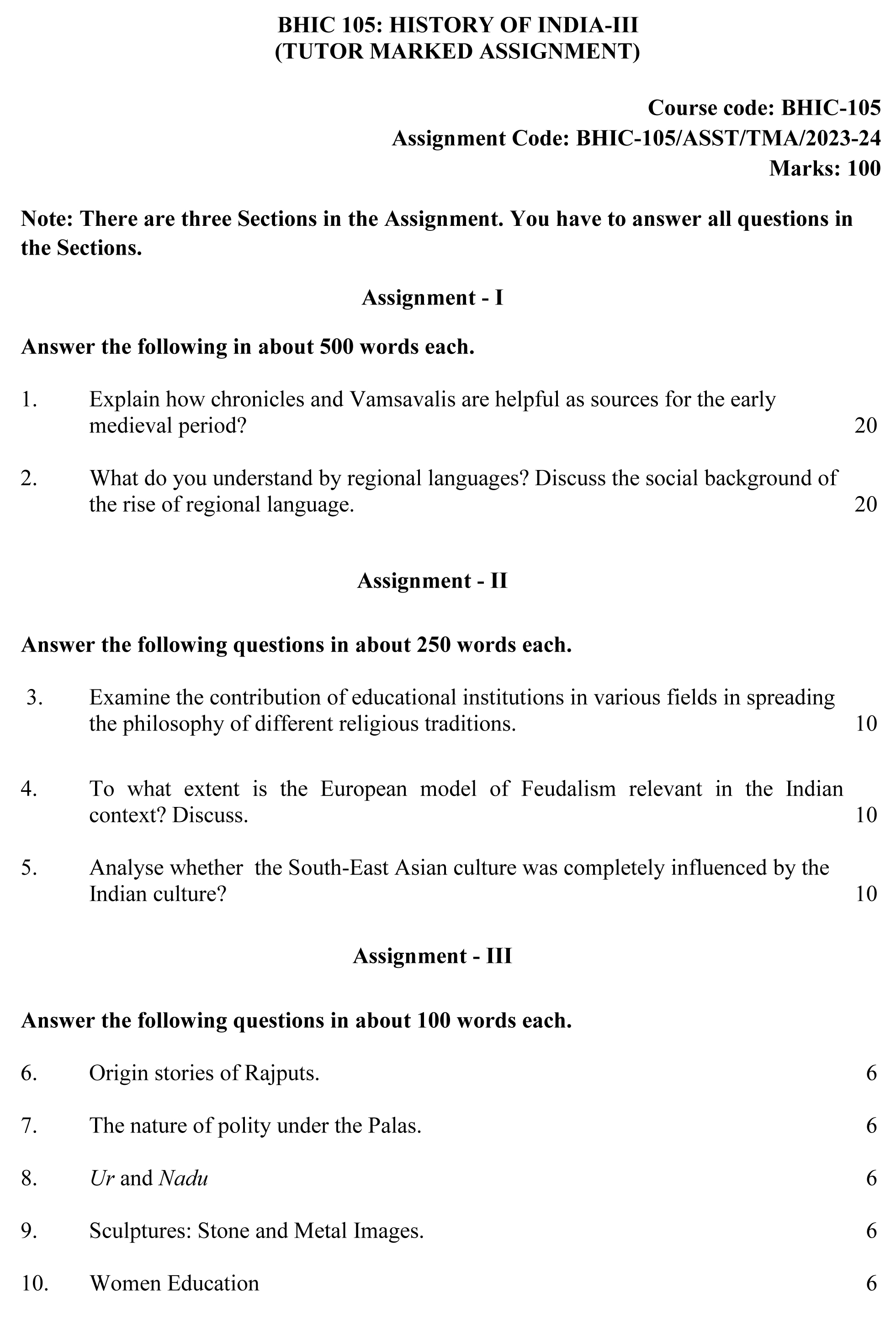 IGNOU BHIC-105 - History of India –III (750 – 1206 CE) Latest Solved Assignment-July 2023 - January 2024