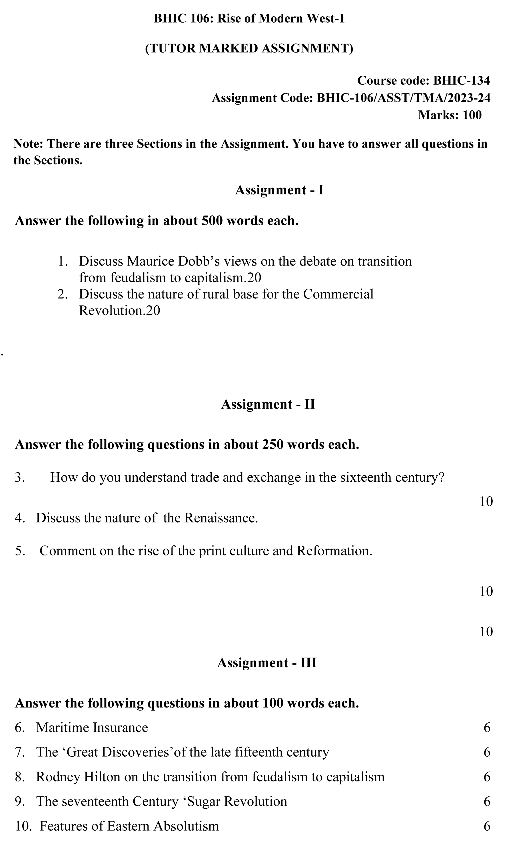 IGNOU BHIC-106 - The Rise of the Modern West-1 Latest Solved Assignment-July 2023 - January 2024