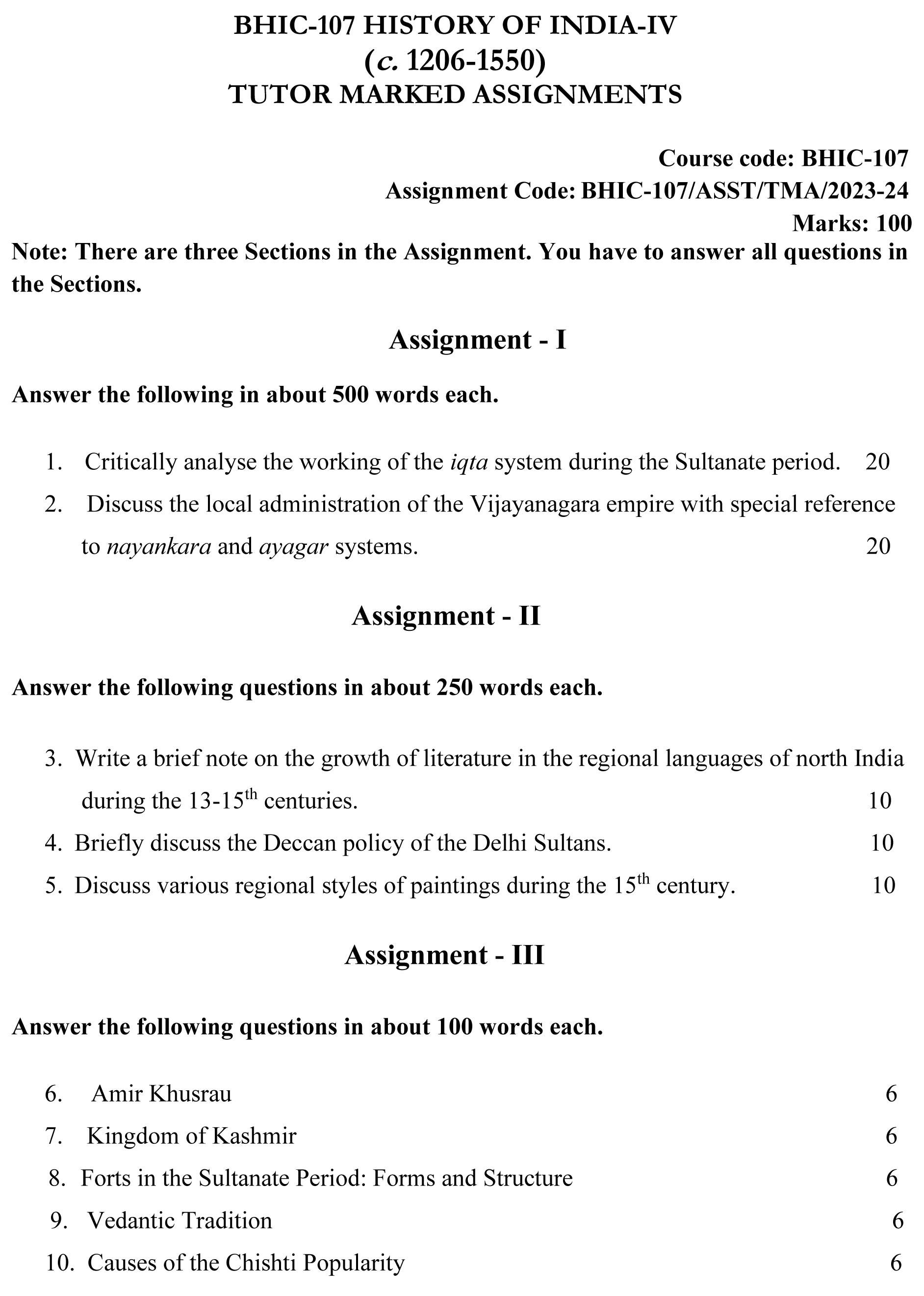 IGNOU BHIC-107 - History of India – IV (c. 1206 – 1550) Latest Solved Assignment-July 2023 - January 2024