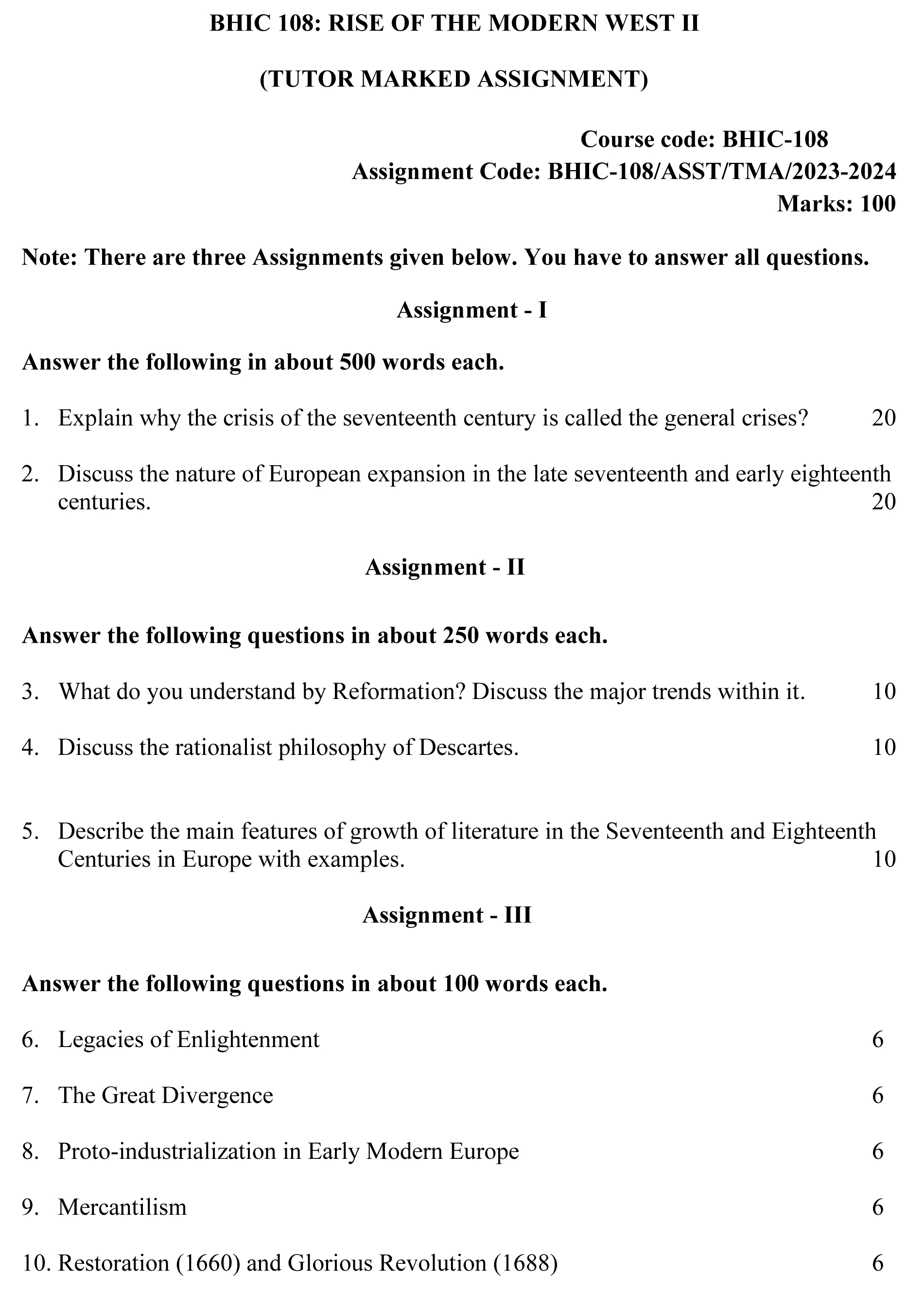 IGNOU BHIC-108 - Rise of the Modern West – II Latest Solved Assignment-July 2023 - January 2024