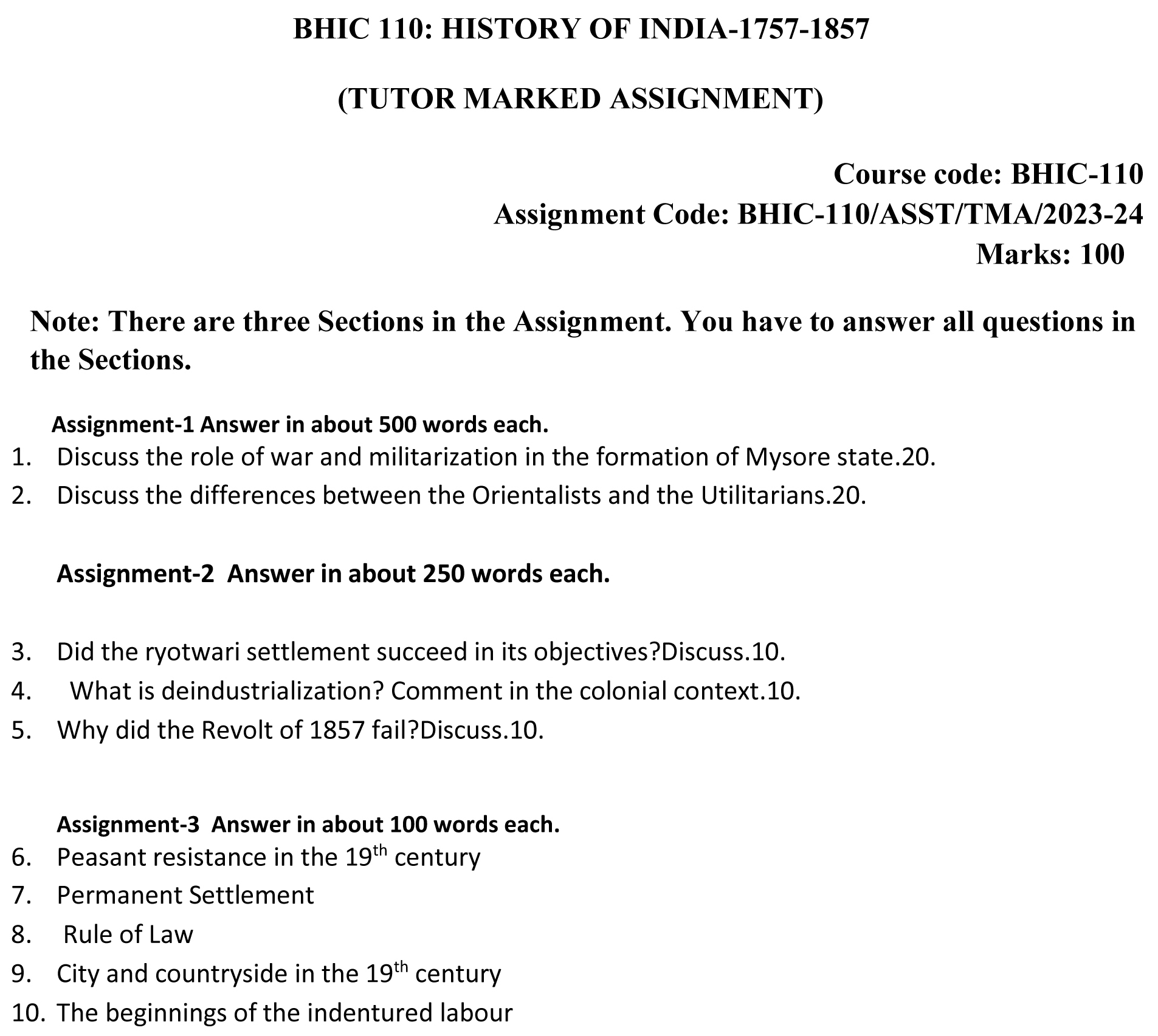 IGNOU BHIC-110 - History of India From 1757-1857 Latest Solved Assignment-July 2023 - January 2024