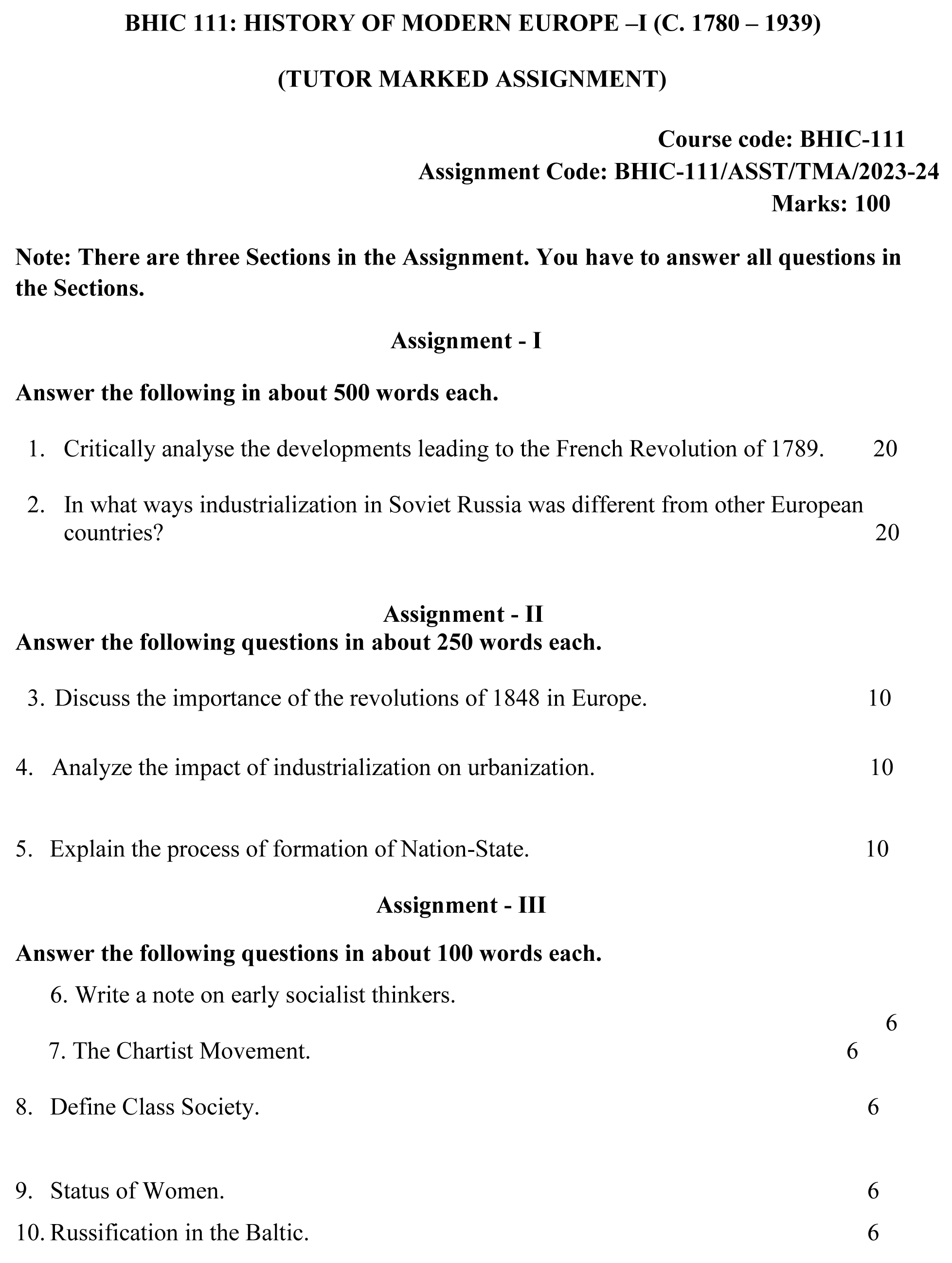 IGNOU BHIC-111 - History of Modern Europe - I (c. 1780 - 1939) Latest Solved Assignment-July 2023 - January 2024