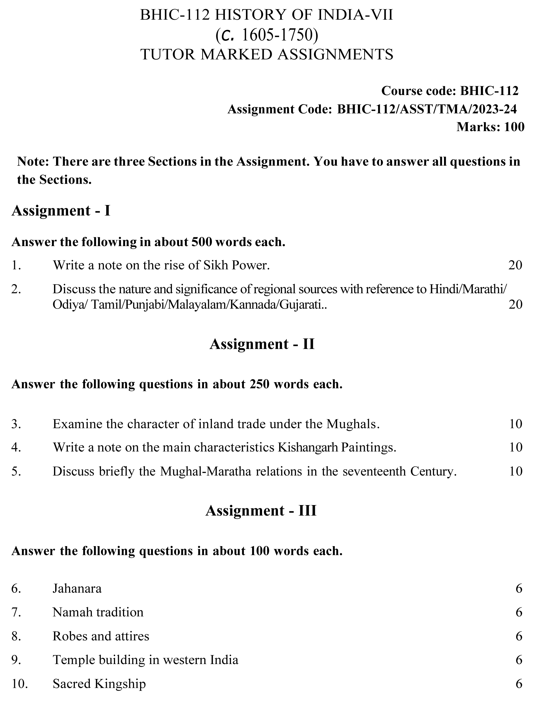 IGNOU BHIC-112 - History of India –VII (c. 1605 – 1750) Latest Solved Assignment-July 2023 - January 2024