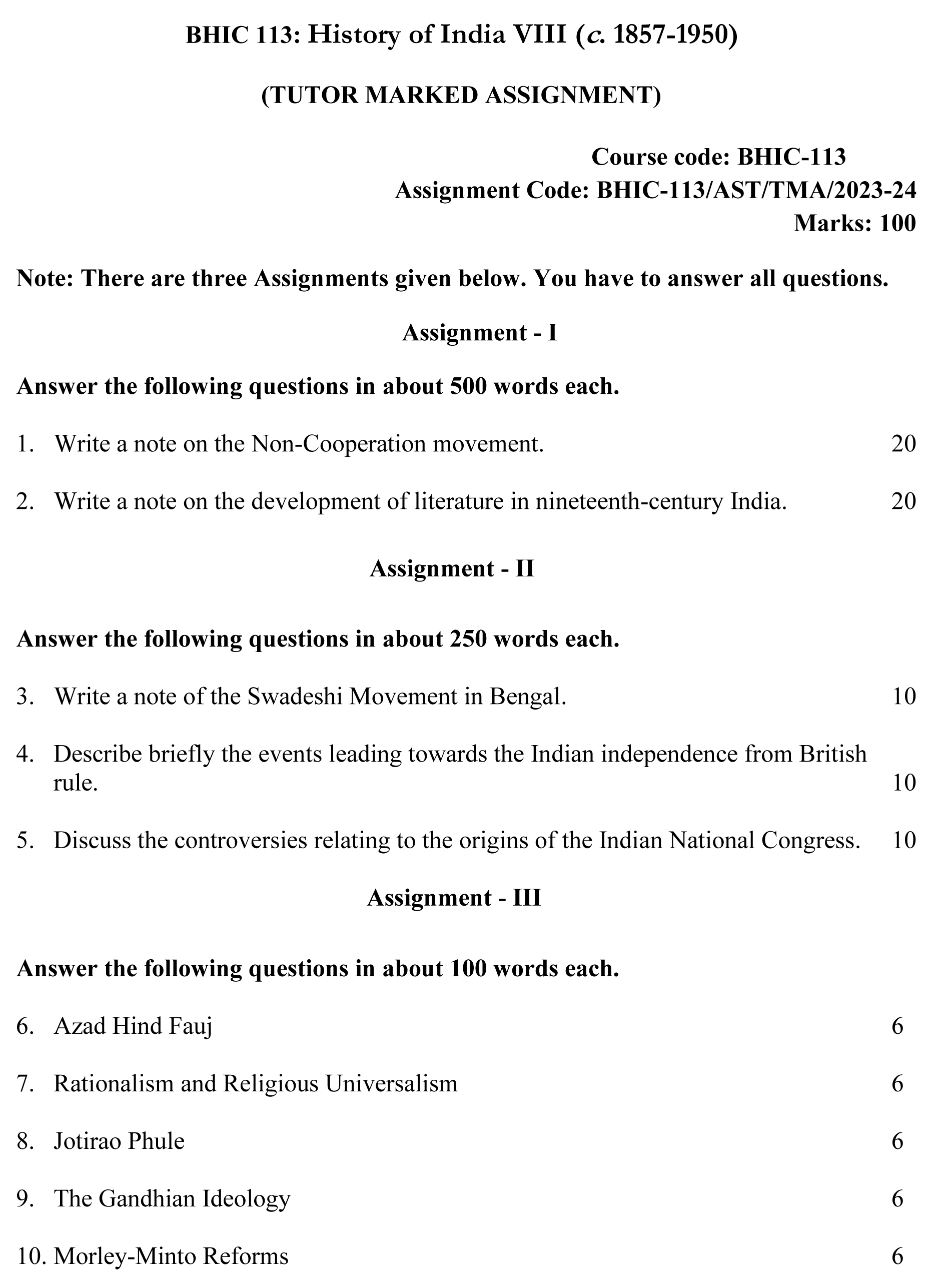 IGNOU BHIC-113 - History of India –VIII (c. 1857 – 1950) Latest Solved Assignment-July 2023 - January 2024