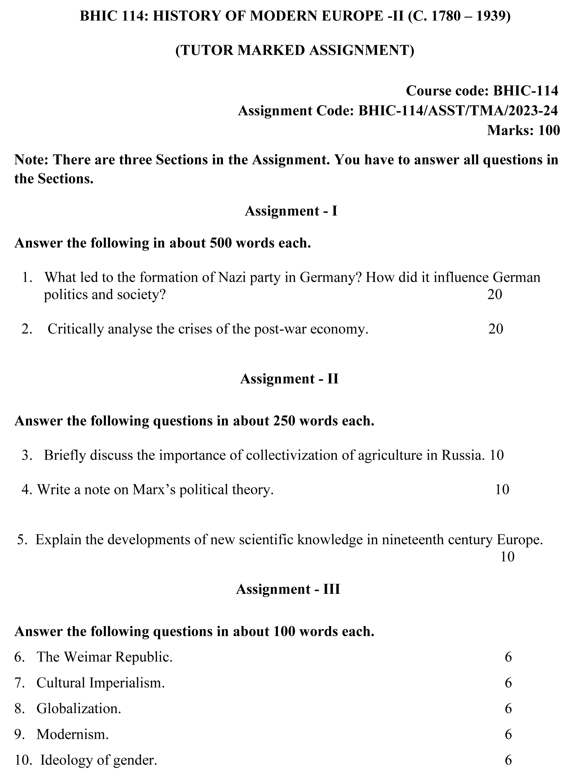 IGNOU BHIC-114 - History of Modern Europe -II (c. 1780 – 1939)  Latest Solved Assignment-July 2023 - January 2024