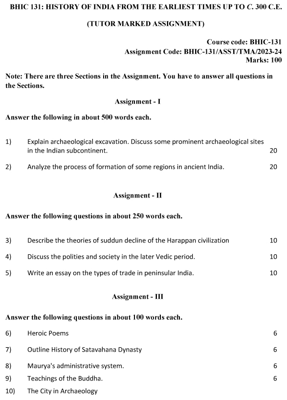 IGNOU BHIC-131 - History of India from the Earliest Times up to 300 CE. Latest Solved Assignment-July 2023 - January 2024