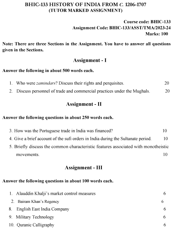 IGNOU BHIC-133 - History of India from c.1206 - 1707 Latest Solved Assignment-July 2023 - January 2024