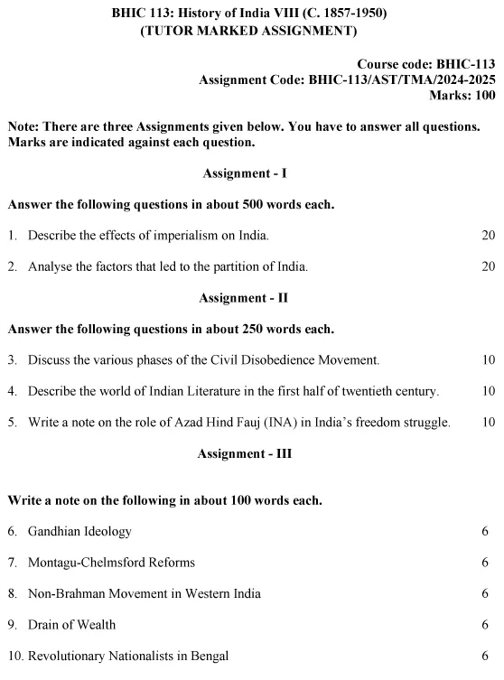 IGNOU BHIC-113 - History of India –VIII (c. 1857 – 1950) Latest Solved Assignment-July 2024 - January 2025