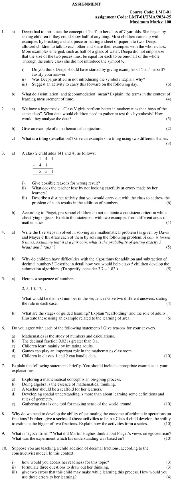 IGNOU LMT-01 - Learning Mathematics Latest Solved Assignment -July 2024 - June 2025