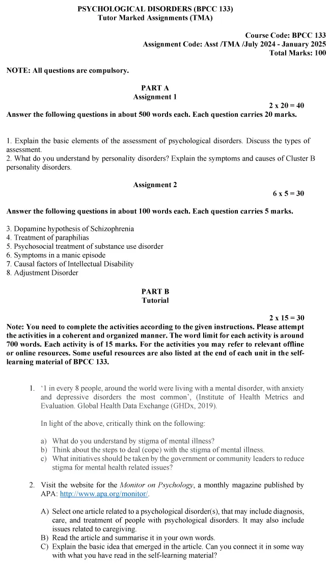 IGNOU BPCC-133 - Psychological Disorders, Latest Solved Assignment-July 2024 - January 2025