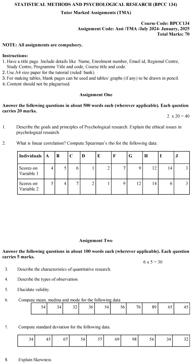 IGNOU BPCC-134 - Statistical Methods and Psychological Research, Latest Solved Assignment-July 2024 - January 2025