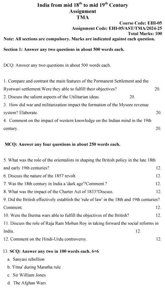 EHI-05 - India from Mid 18th to Mid 19th Century-July 2024 - January 2025