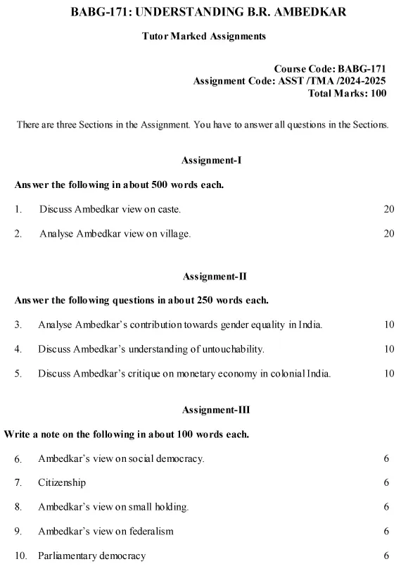 IGNOU BABG-171 - Understanding B.R. Ambedkar Latest Solved Assignment-July 2024 - January 2025