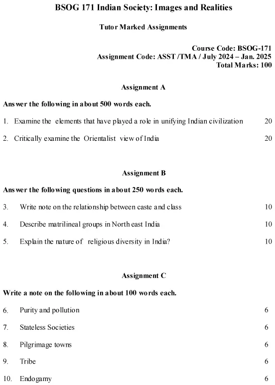 IGNOU BSOG-171 - Indian Society: Images and Realities, Latest Solved Assignment-July 2024 - January 2025