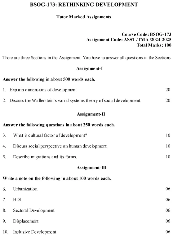 IGNOU BSOG-173 - Rethinking Development, Latest Solved Assignment-July 2024 - January 2025