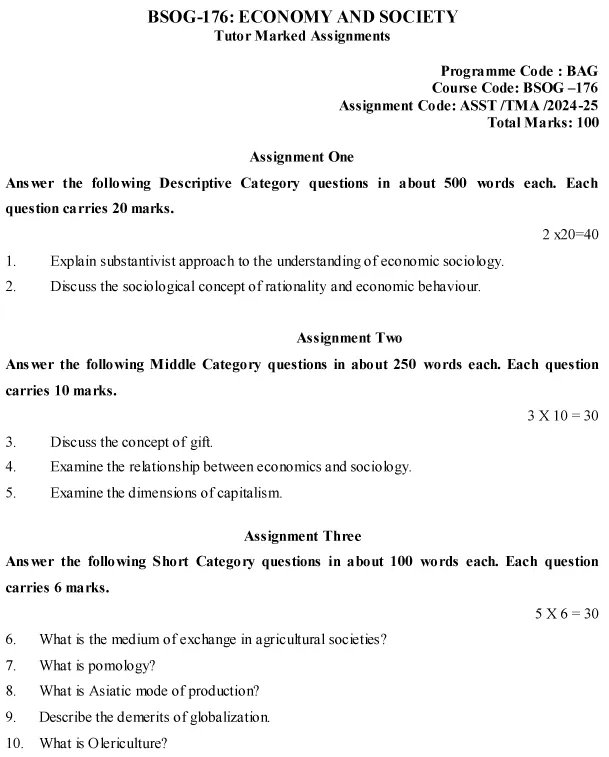 IGNOU BSOG-176 - Economy and Society, Latest Solved Assignment-July 2024 - January 2025