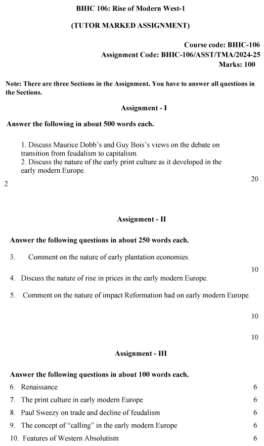 IGNOU BHIC-106 - The Rise of the Modern West-1 Latest Solved Assignment-July 2024 - January 2025
