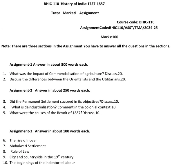 IGNOU BHIC-110 - History of India From 1757-1857 Latest Solved Assignment-July 2024 - January 2025