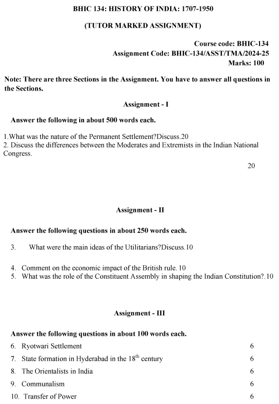 IGNOU BHIC-134 - History of India: 1707-1950 Latest Solved Assignment-July 2024 - January 2025